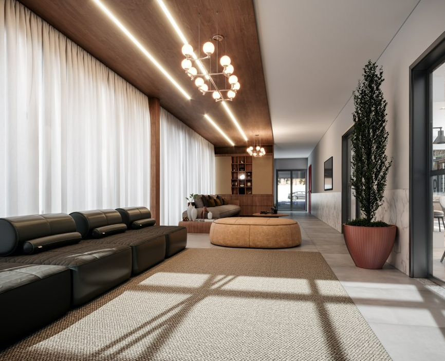 Lounge social com design assinado e iluminação acolhedora