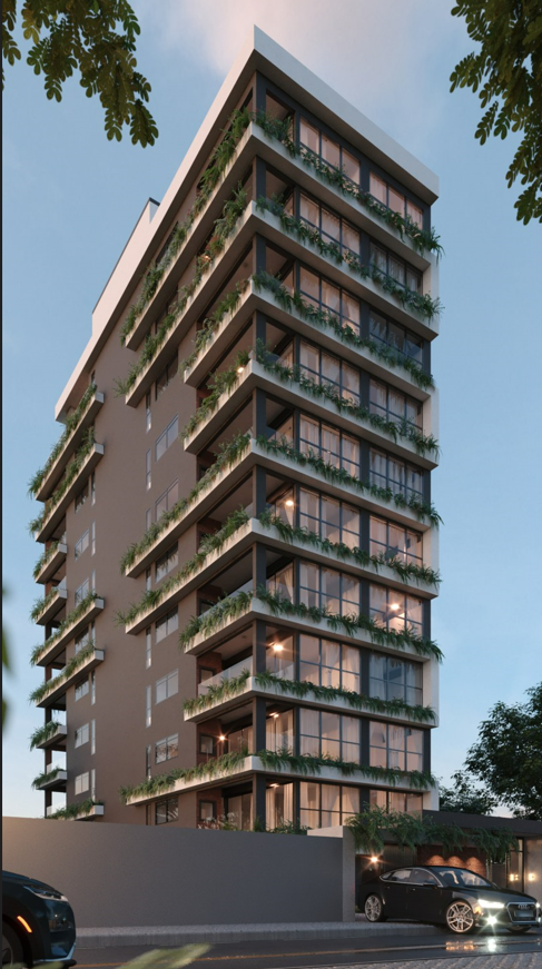 Fachada com jardins verticais — vista lateral
