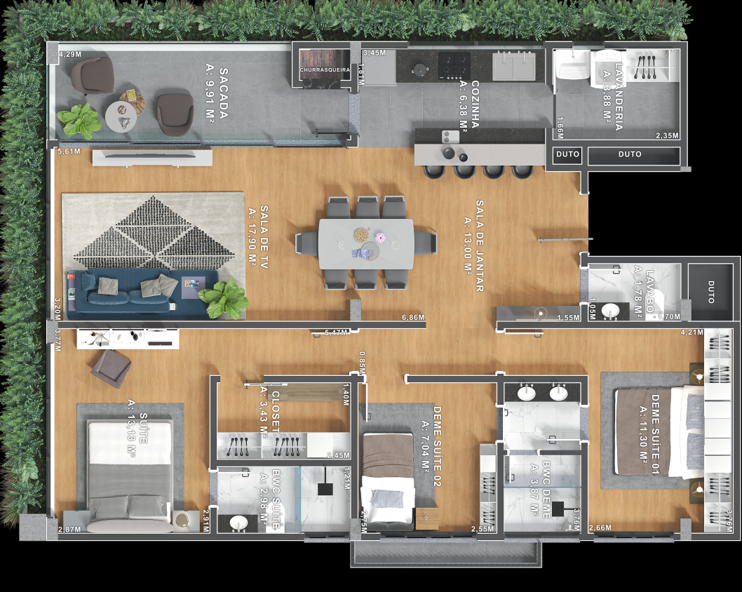 Planta detalhada com medidas e mobiliário