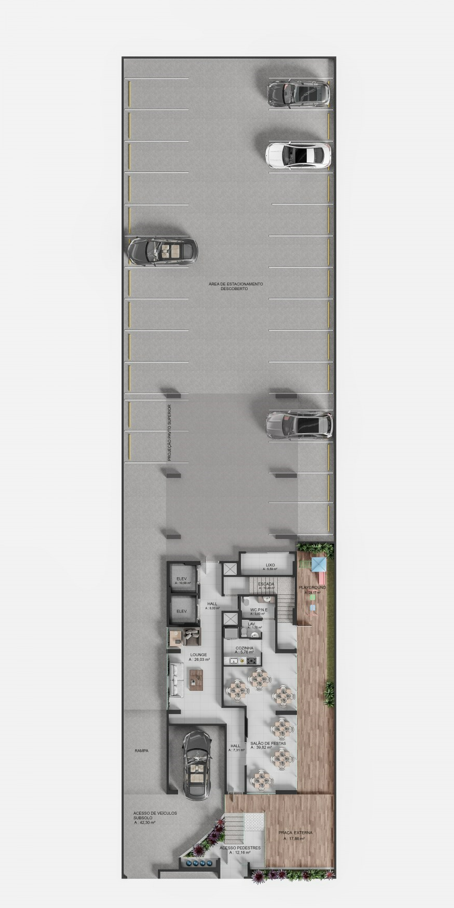 Planta do térreo — lounge, salão de festas, piscina e estacionamento